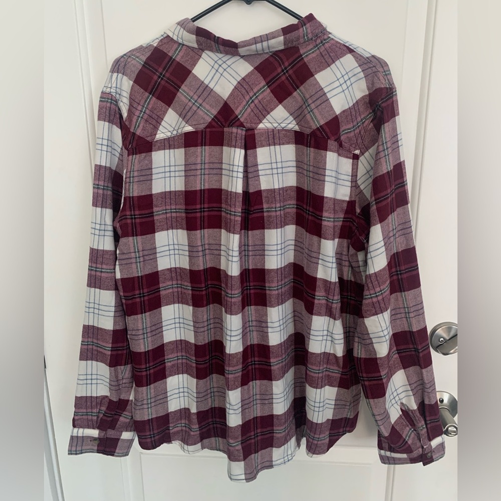 Plaid Button-Up Shirt in Burgundy, Pink, White and Blue. - Picture 2 of 3